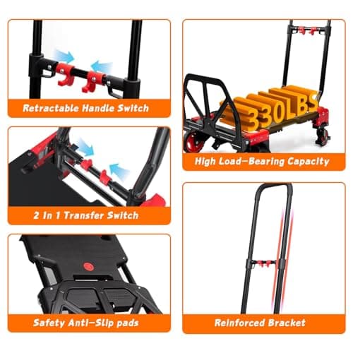 2-in-1 Folding Hand Truck with Folding Basket,Hand Truck with Retractable Handle, 330LBS Capacity Heavy Duty Hand Dolly, Dolly Cart with Wheels for Luggage/Moving/Travel 5