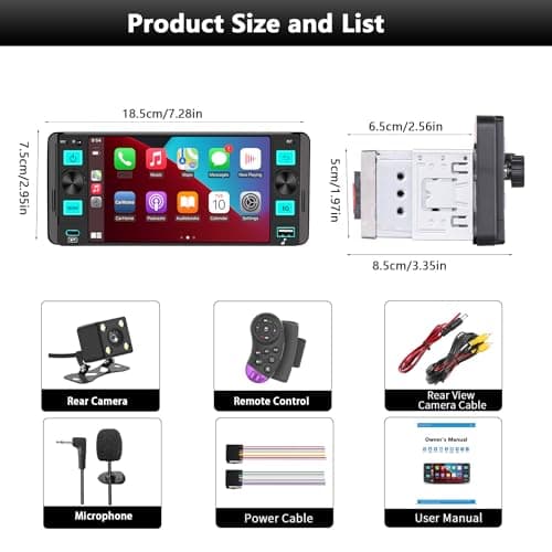 Single Din Radio Car Stereo with Wireless Apple CarPlay,Single Din Touchscreen Radio,Car Radio Bluetooth Support Android Auto,Mirror Link,Car Radio with Backup Camera GPS USB FM/AM EQ MIC (Black) 8