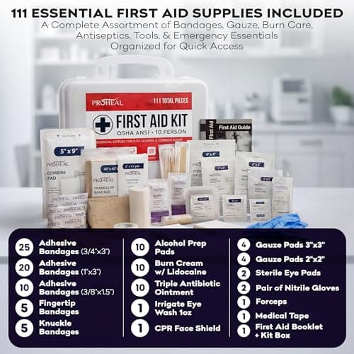 OSHA Compliant First Aid Kit - 10 Person, Type III, ANSI Class A, 111 Pieces Emergency Kit for Business, Office, Home, Workplace, Truck, Car & Construction Site - Latex Free, Wall Mountable | ProHeal 9