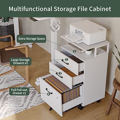 FEZIBO File Cabinet with Lock for Home Office, 3-Drawer Rolling Filing Cabinet, Home Office File Cabinet for A4/Letter/Legal Size, Printer Stand, Wooden Storage Cabinet, White 4