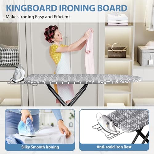 KINGBOARD Foldable Ironing Board Full Size, Iron and Ironing Board Set Standard Size, Iron Boards with Ironrest & Adjustable Height,Heavy Duty Iron Table Stand with Metal Legs &Thick Cover,43x13 Gray 5