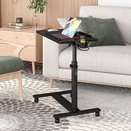 Panta Height Adjustable Rolling Laptop Stand, Overbed Table with 2 Tilting Desktops, Mobile Laptop Table for Couch with Cup Holder, Mobile Computer Workstation for Office, Home and Hospital 9