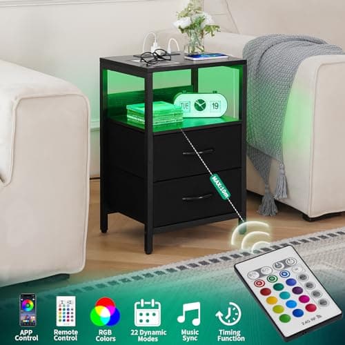 Yoobure Nightstand with Charging Station, LED Night Stand with Fabric Drawers and Storage Shelf for Bedroom, Nightstands Bedside Tables with USB Ports & Outlets, Small Night Stands, Bed Side Table 5