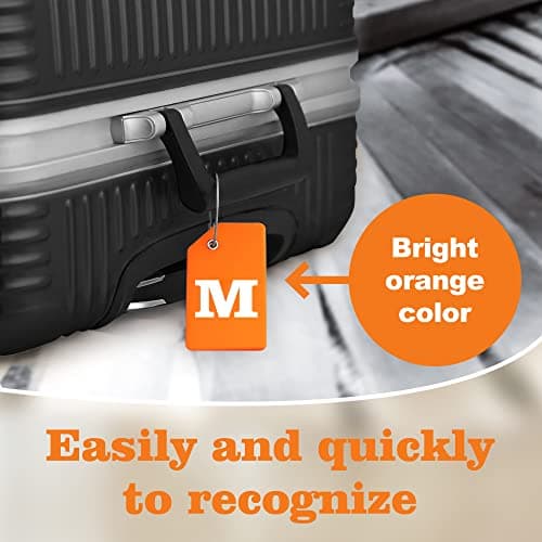 Gostwo 2 Pack Silicone Luggage Tags for Suitcases, 26 Initial Letter Baggage Labels Handbag School Bag Suitcase Instrument Tag with Stainless Steel Loop(Orange)(Letter M) 6
