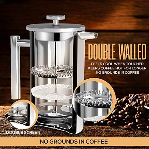 Utopia Kitchen 304 Grade Stainless Steel French Press Coffee Maker 34 Oz, Double Wall Insulated Coffee Press with 4-Level Filtration System, Include 2 Extra Filters, Rust-Free, Dishwasher Safe, Silver 7