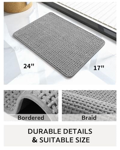 COCOER-Chenille Bath Mat-Rubber Backing Bathroom Rugs Non Slip-Super Absorbent Bath Mats for Bathroom Floor-Quick Dry Bathroom Mat Thin Bath Rugs Fit Under Door-Grey 17''x24'' 5