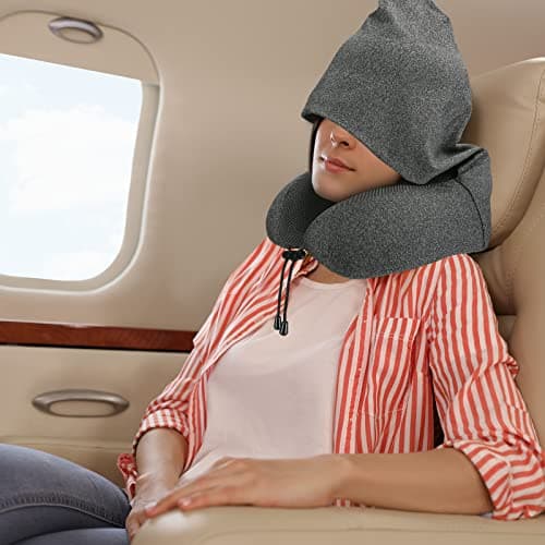 Cirorld Neck Pillow for Travel, Memory Foam Travel Pillow with Hood, Adult Airplane Pillow for Head Rest Neck Support, Portable Pillow for Office Cars Trains Long Flights Sleeping (Deep Grey) 9