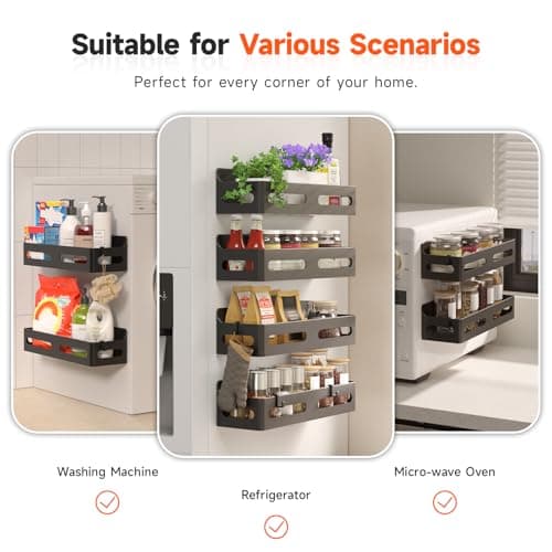 Sevenblue 4 Pack Strong Magnetic Spice Rack for Refrigerator, Multipurpose Magnetic Shelf for Fridge with 4 Hooks for kitchen and Bathroom Organization, Black 6