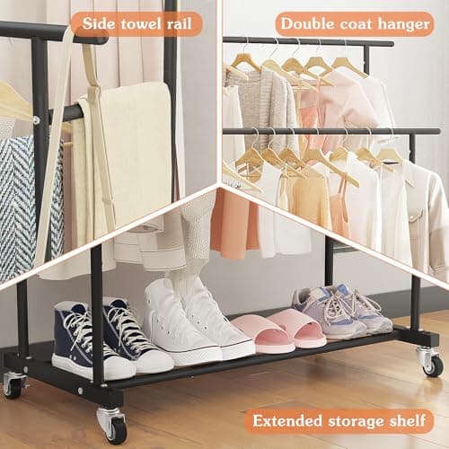 Calmootey Double Rod Clothing Garment Rack,Rolling Hanging Clothes Rack,Portable Clothes Organizer for Bedroom,Living Room,Clothing Store,Black 7