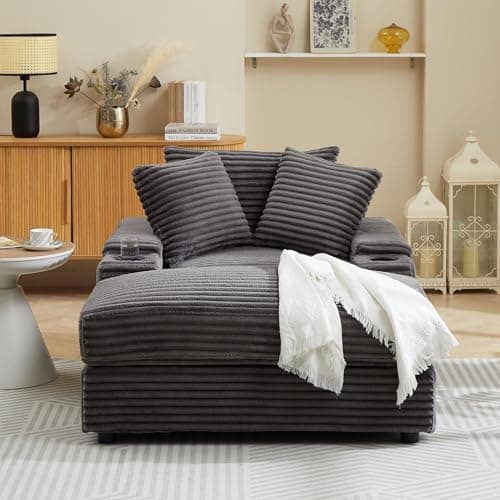 EXZLFA Oversized Chaise Longue Indoor,Comfy Thicked Upholstered Pad Lounge Chair with Ottoman,Soild Wood Sleeper Reclining Chair ,Corduroy Deep Seat Couch for Living Room(Grey 1Seat with Cup Holders