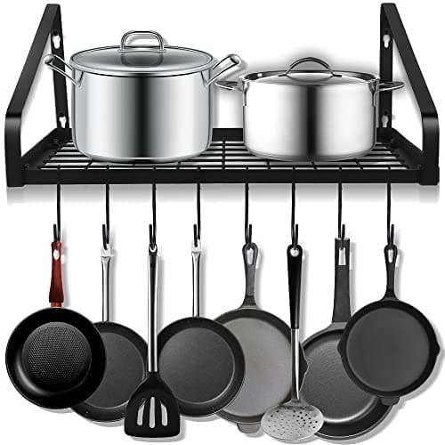 Felibeaco Hanging Pots & Pans Rack,Wall Mounted Pots Pans Organizer Holder Rack with 8 Hooks, Kitchen Wall Storage Organizer Hanger Shelves for Pans Set, Utensils, Cookware, Books, Household,Black