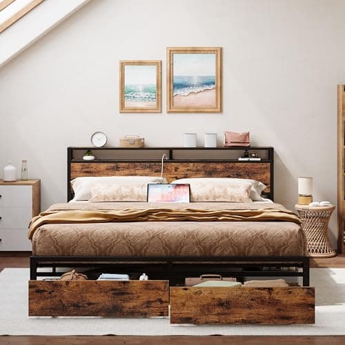 LIKIMIO California King Bed Frame with Storage Headboard, Platform Bed with Drawers and Charging Station, No Box Spring Needed, Easy Assembly, Vintage Brown