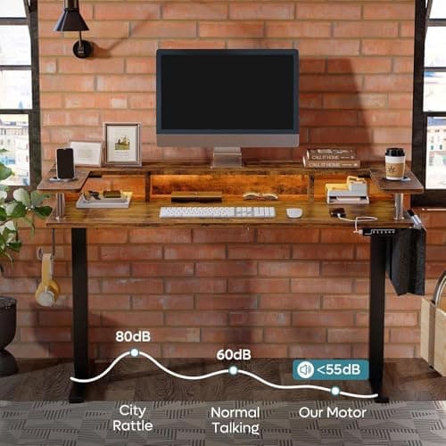 Bestier LED Electric Standing Desk Adjustable Height, 58x26 Inch Large Sit Stand Desk with Monitor Stand, Ergonomic Rising Desk for Home Office Workstation, Headphone Hook Storage Bag Brown 9