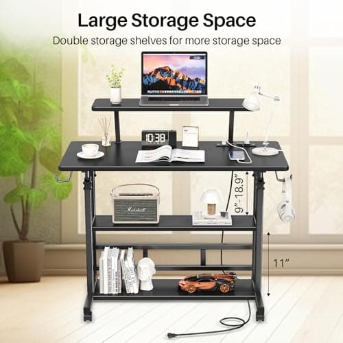 Adjustable Height Standing Desk with Power Outlets, Rolling Stand Up Desk with Monitor Stand and Storage Shelves, 31.5" Small Mobile Computer Desk, Portable Laptop Table (Black with Monitor Stand) 8