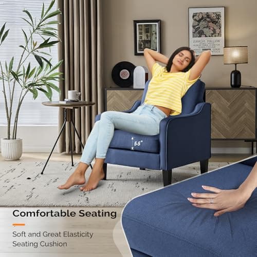 VINGLI Mid century Modern Accent Chair,Navy Blue Fabric Accent Chairs for Living Room Upholstered Armchair with Scooped Arms for Bedroom,Apartment,Studio,Office,Waiting Room 9