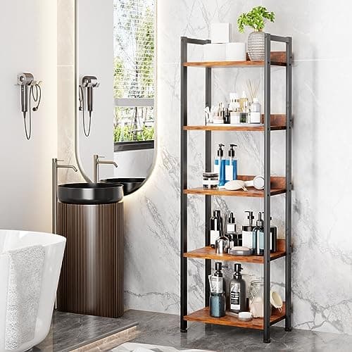 Furologee 5 Tier Bookshelf with Drawer, Tall Narrow Bookcase with Shelves, Wood and Metal Bookshelves Storage Organizer, Industrial Display Standing Shelf Unit for Bedroom, Living Room, Rustic Brown 8