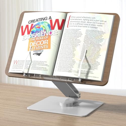 CarrieCathy Book Stand for Reading, Adjustable Holder with 360° Rotating Base & Page Clips, Foldable Desktop Book Display, Cookbook Stand, for Kitchen, Home Office, Laptop, Tablet, Kindle