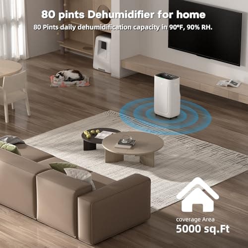 2025Upgraded 5000 Sq.Ft 80 Pint Dehumidifier for Basements with Large 6.5L Water Tank,24H Timer,Child Lock,Defrost,Silent,mold,4 Modes Operation Auto Shut-off 9