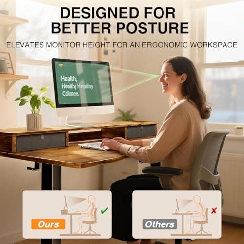 Veken 47.2"×27.6" Standing Desk with Storage Drawers, Adjustable Height Computer Table with Monitor Shelf, Home Office Desk for Study, Gaming, Workstation, Brown 7