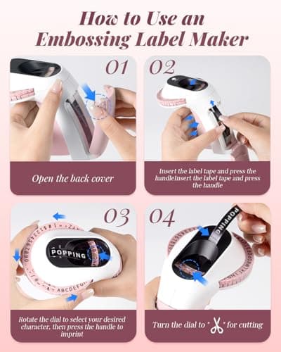 Phomemo Embossing Label Maker Machine, Retro Embossing Folders, Old School Embosser Labeler with 6 Rolls 3D Embossing Label Waterproof for Kid DIY Home School and Scrapbook Supplies Office, Pink 8