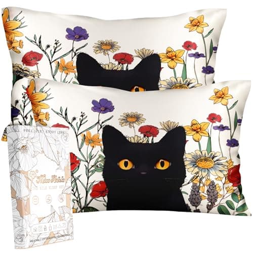 Miss Adola 2 Pack Silk Pillowcase - Standard Size 20 x 26 Inch Silky Pillow Case for Hair and Skin Soft Cute Aesthetic Bed Sleeping Pillow Cover with Zipper for Women, Cat in Grass