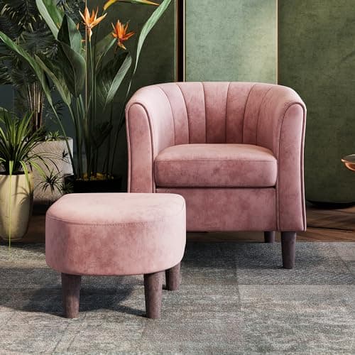 LINSY Small Accent Chair with Ottoman, Modern Barrel Chair Comfy Armchair Reading Chair with Footrest, Round Arms Chair for Living Room Bedroom Reading Room, Velvet, Pink