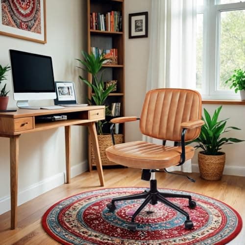 Artswish Brown Leather Desk Chair, Mid Century Desk Chair for Adjustable Height and Backrest, Ergonomic Office Chairs with Arms and Wheels 8