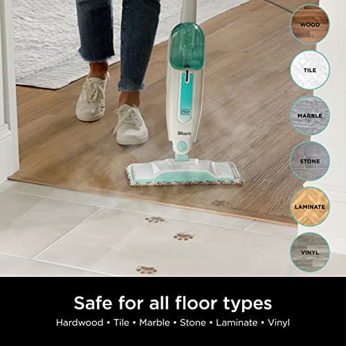Shark Steam Mop with 2 Machine Washable Dirt Grip Pads, Removable Water Tank, Lightweight, Steam Cleaner for sealed Hard Floors, Marble, Stone, Hardwood, Tile, Laminate, White/Seafoam, S1000 9
