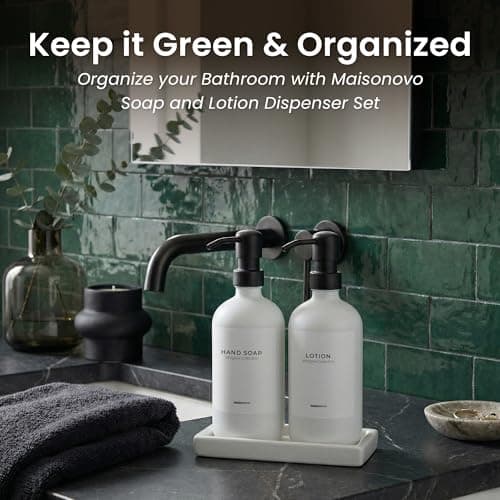 MaisoNovo Bathroom Soap Dispenser Set - Soap and Lotion Dispenser Set with White Soap Dispenser, Black Pumps & Concrete Tray 8