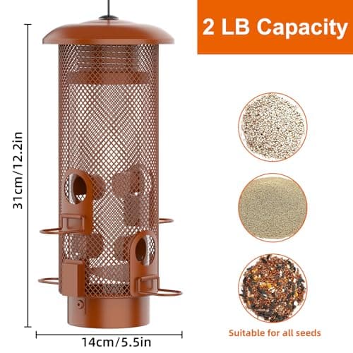 Metal Squirrel Proof Bird Feeder,Bird Feeders for Outdoors,Weight Activated Squirrel Proof Wild Bird Feeders with Finch Cardinal Chickadee,Large Capacity,Weatherproof and Durable,Reddish Brown 8