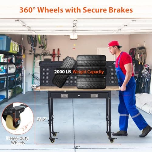 ACONEE 60" Adjustable Workbench with Drawer Storage, Rubber Wood Top Work Table for Garage, Heavy Duty Worktable with Removable Pegboard, Power Outlet, Hooks, Tool Storage Bench for Warehouse Workshop 4