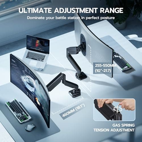 ARES WING Ultrawide Monitor Arm, Heavy Duty Single Monitor Mount for 13"-49" Curved Screens, Adjustable Stand for Desk with C-clamp & Grommet Base up to 40 LBS, Black 7