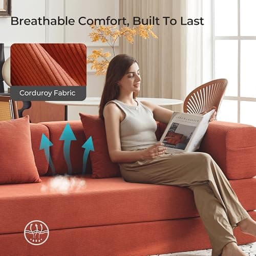 79" Convertible Sofa Bed with Pillows, Corduroy Folding Sleeper Sofa with Fixed-Shape Frame, Boneless Couch for Living Room Bedroom, Floor Sofa Lounge No Assembly Required (A - Style-Orange) 5