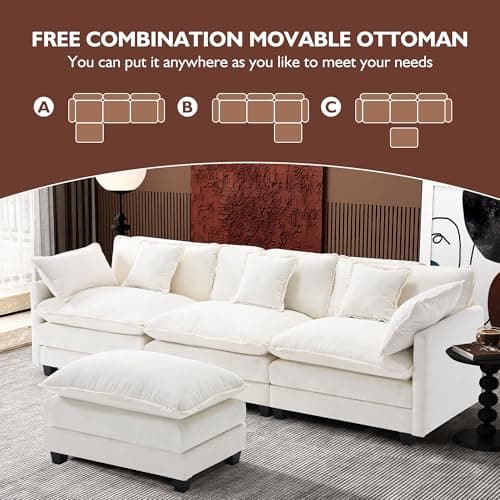 Ihanherry 111.4" L Shaped Modern Sofa Modular Sectional Cloud Couch with Ottoman, 4-Seat Chenille Deep Seat Sofa with Pillow for Living Room, Bedroom and Apartment, Beige 5