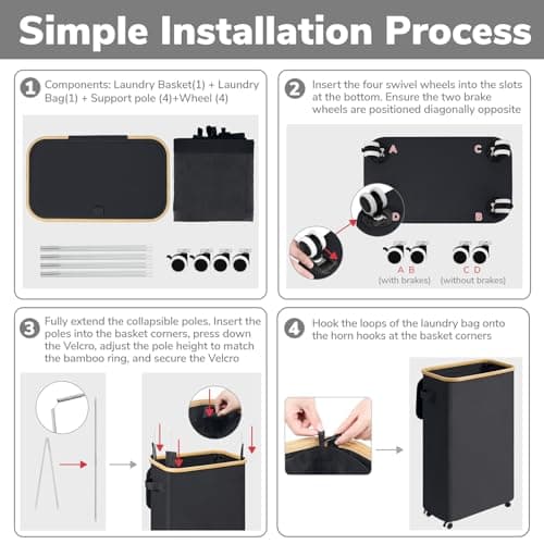 Goodpick Slim Laundry Basket with Wheels and Lid, 75L Rolling Laundry Hamper for Dorm Home Decor, Large Clothes Hamper with Bamboo Frame Removable Bag, Black, 17" x 9.8" x 29.5" 7