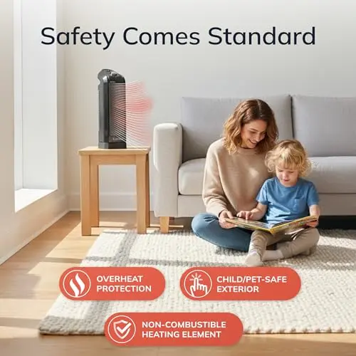 Lasko Oscillating Ceramic Tower Space Heater for Home with Overheat Protection, Adjustable Thermostat, and 2 Speeds, 15.7 Inches, Black, 1500W, CT16450 5