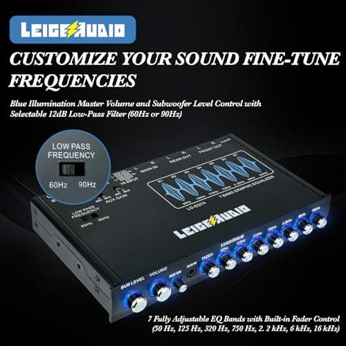 LEIGESAUDIO LG-EQ7A 7-Band Car Audio Graphic Equalizer with Front 3.5mm Aux Input, High Voltage RCA Outputs and High Level Speaker Inputs 5