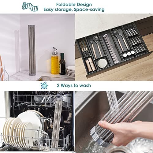 Tomorotec Roll Up Dish Drying Rack, Over The Sink Dish Drying Rack, Portable Stainless Steel Rolling Rack Multipurpose Kitchen Drainer Caddy Organizer Storage Shelf Holder, Gray 6