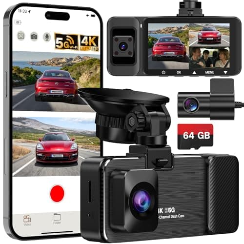 Dash Cam 3 Channel Front and Rear and Inside, 4K UHD 360 Dash Camera for Cars with 64GB Card, Car Cameras Dash Cam with, 5GHz WiFi, G-Sensor, Loop Recording, 24H Parking Monitor, Night Vision