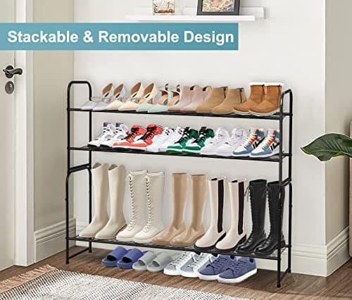 AOODA Long 2 Tier Shoe Rack for Closet Metal Wide Stackable Shoe Storage Organizer for Entryway, Bedroom, Floor, 18-Pairs Low Shoe Shelf, Black 6