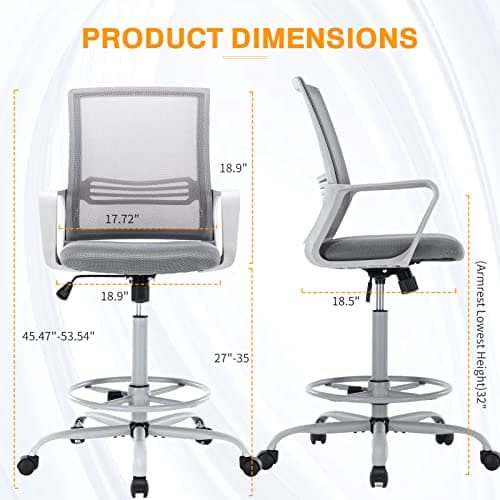 OLIXIS Drafting Chair, Tall Office Chair with Adjustable Foot Ring, Standing Desk Chair Support and Adjustable Armrests, Swivel Rolling Tall Chair, Breathable Mesh, Height Adjustable, Grey 7