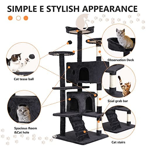 BestPet | 54" Cat Tree Tower | Dark Gray | Sturdy, Easy to Assemble, Multi-Level Activity Center with Sisal Scratching Posts, Condos, Perches, Hanging Cat Toys, Observation Decks & Ladder 6