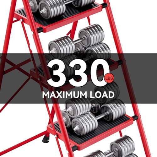 KINGRACK Step Ladder, Folding Ladder with Non-Slip and Wide Pedal, Small Ladders with Handle, Heavy Duty Steel Ladder, Lightweight Step Ladder (Red, 4 Step Ladder) 3