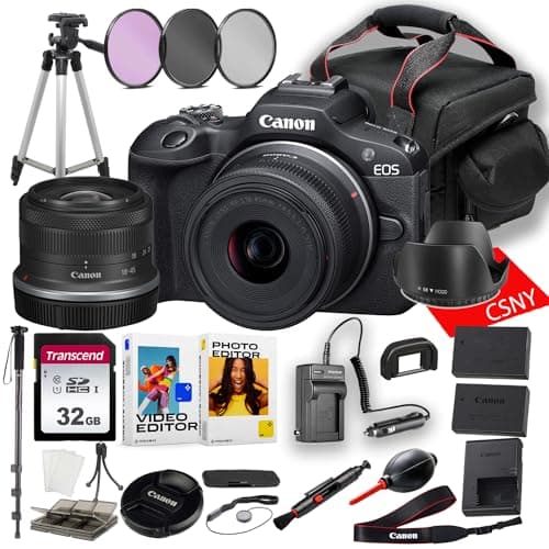 Canon EOS R100 Mirrorless Camera with 18-45mm Lens + 32 GB Memory + Hood + Monopod + Filters + Tripod + More (24pc Bundle) (Renewed)