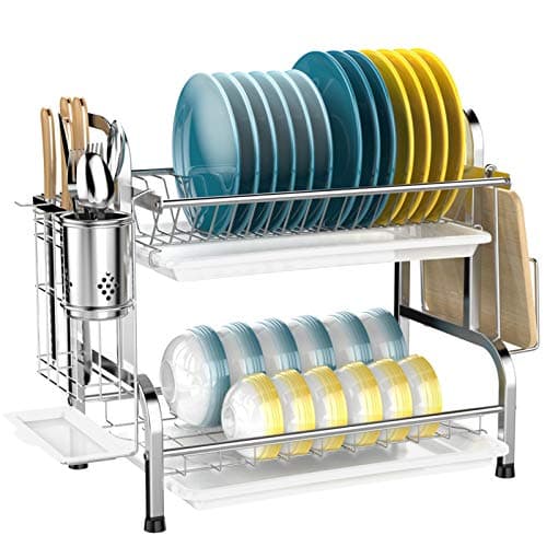 iSPECLE Dish Drying Rack - 304 Stainless Steel 2 Tier Dish Racks with Automatic Drainage for Kitchen Counter, Dish Drainer with Drainboard, Stainless Steel Utensil Holder, Cutting Board Holder, Silver