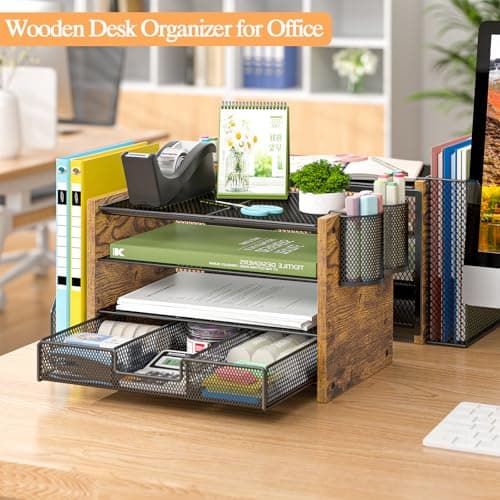 3IngSeagulls Wooden Desk Organizers and Accessories with File Holder, 4-Tier Paper File Organizer with Drawer & 2 Pen Holders, Office Desk Accessories, Desktop Organizer and Storage for Home Office 5