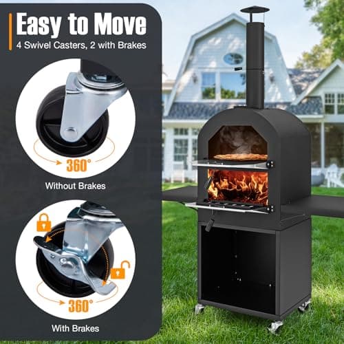 Giantex Pizza Oven Outdoor - Wood Fired Pizza Oven with 2 Side Tables, Pizza Stone, Pizza Peel, Cover, Cooking Grids, Pizza Maker on Wheels for Outside Charcoal Grill Backyard Party Camping 6