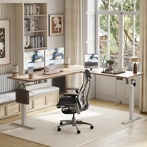 TIQLAB 75 x 61 inch L Shaped Standing Desk Adjustable Height, Electric Corner Standing Desk, Sit Stand Computer Table with Splice Board, Maple 7