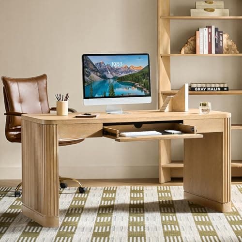 HULALA HOME Computer Desk with Power Outlets, 60 inche Modern Office Desk with Keyboard Tray and Fluted Wood Legs, Solid Wood Drawer, SEADRIFT