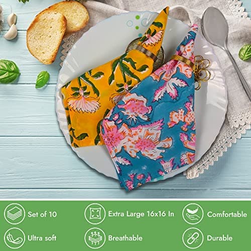 DIYANAIMPEX 10 Pc Cotton Cloth Napkins Hand Block Print Hand Made Size 16x16 Inch Printed Home Decor Indian Eco Friendly Mix Lot Dinner Napkins (Multicoloured) 5